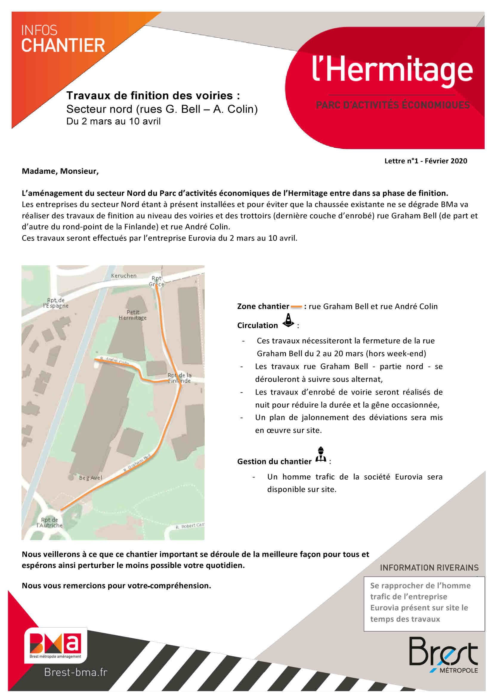 L’Hermitage Brest : travaux de finition des voiries rues G. Bell – A. Colin (2 mars – 10 avril )